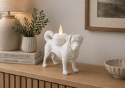 Witte Appenzeller Sennenhond waxinelichthouder op houten kast in sfeervolle huiselijke omgeving.
