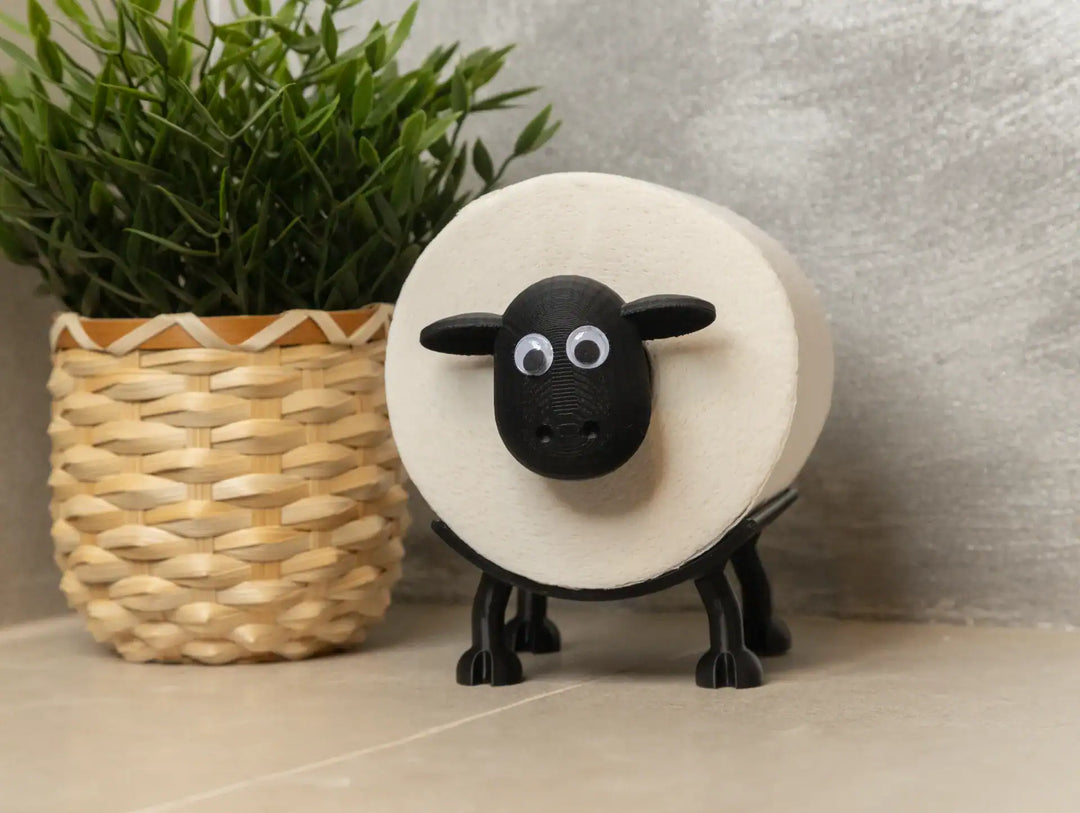 WC-rolhouder Schaap – speels wanddesign – PLA – zwart – compacte & unieke toiletdecoratie