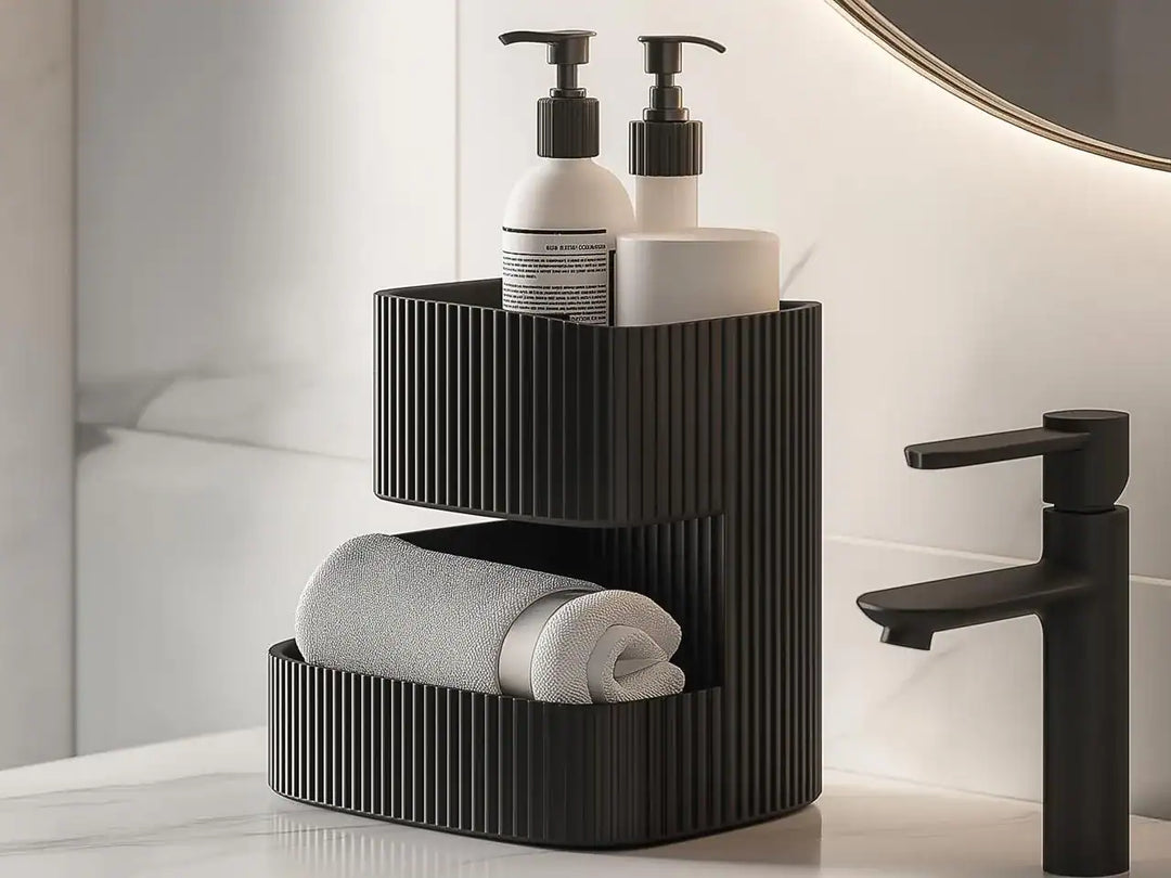 Organizer Ribbelrijk – zwarte ribbelstructuur opberger – stijlvol bureau- & interieuraccessoire – 118×150×147 mm