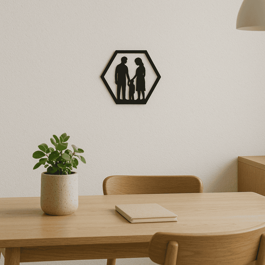 Wanddecoratie Familie – 2 Ouders & 1 Kind – Silhouet in Hexagon Frame – PLA – Zwart | Antraciet | Grijs | Wit – 175×151 mm
