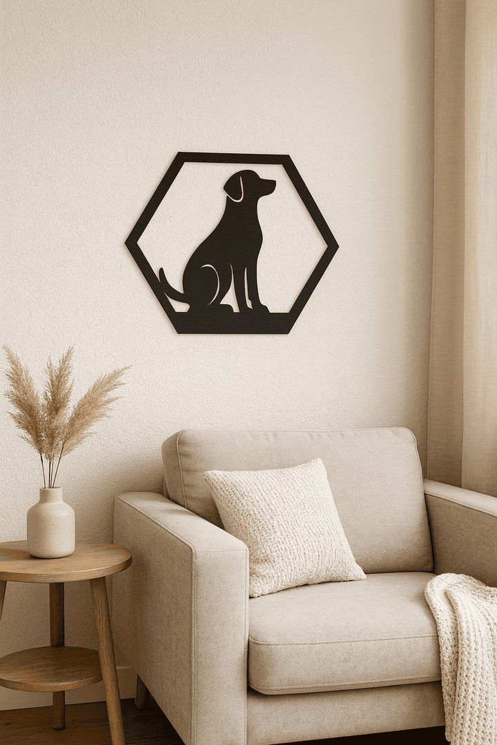 Wanddecoratie Hond in Frame – Silhouet Wandbord – Zwart/Antraciet/Grijs/Wit – 175×151 mm