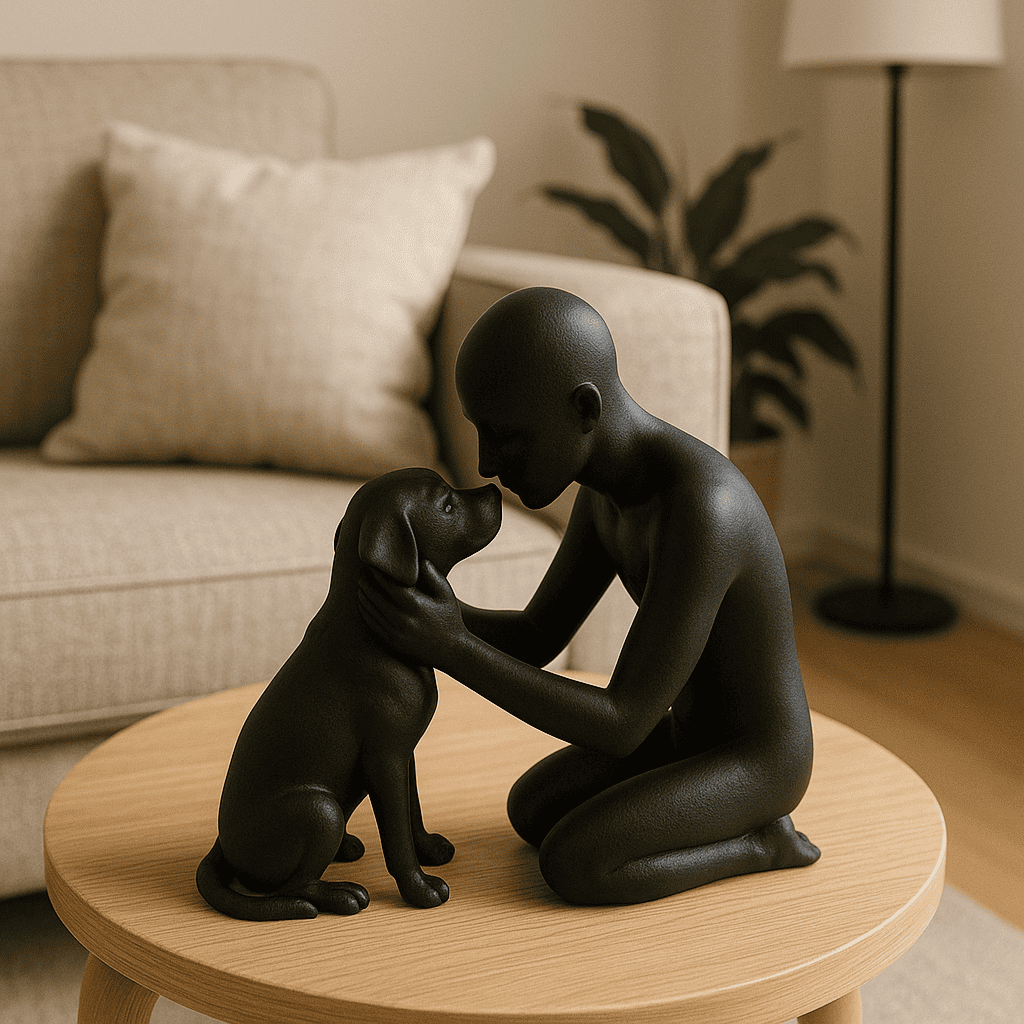 Mens & Hond Sculptuur – Decoratief Beeld – Verbonden Harmonie – Modern & Stijlvol – Zwart