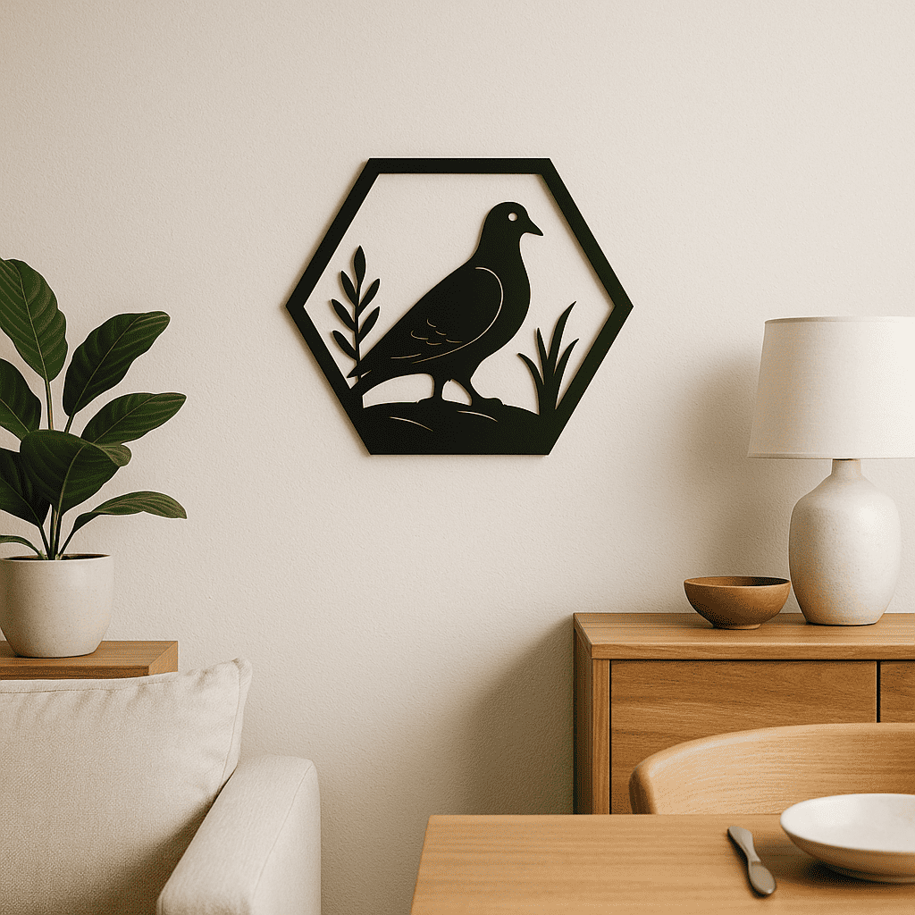 Wanddecoratie Duif – Silhouet in Hexagon Frame – PLA – Zwart | Antraciet | Grijs | Wit – 175×151 mm