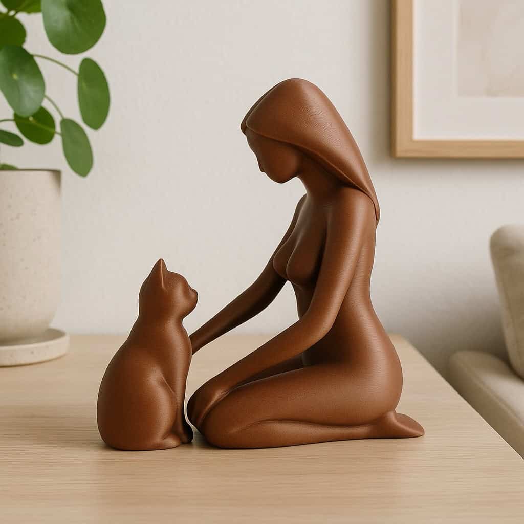 Vrouw met kat beeld in bruin op houten dressoir