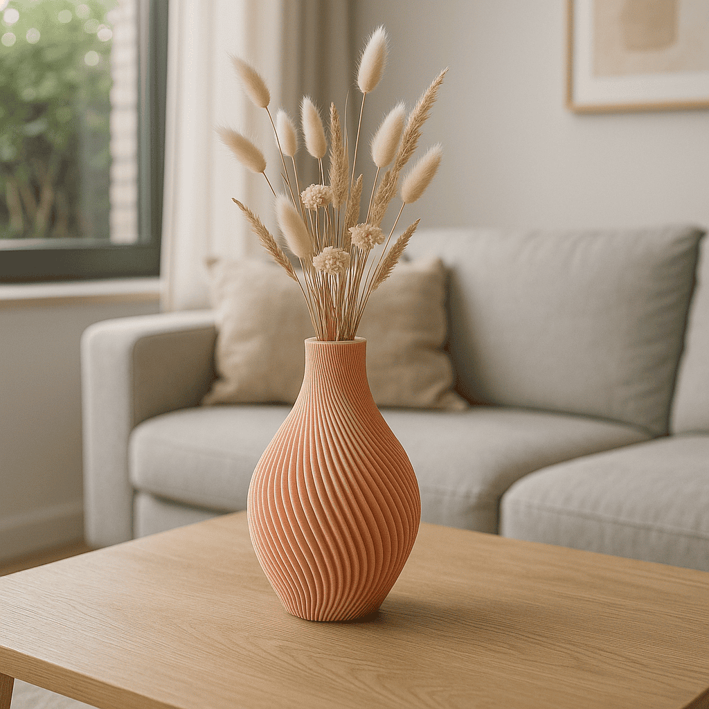 Siervaas Spiraal Chic – decoratieve droogbloemenvaas – PLA – zwart/wit/antraciet/zalmroze – spiraal ribbel design – 150 mm