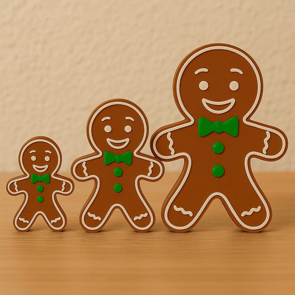 Drie Peperkoekmannetjes Deco in verschillende maten op houten ondergrond