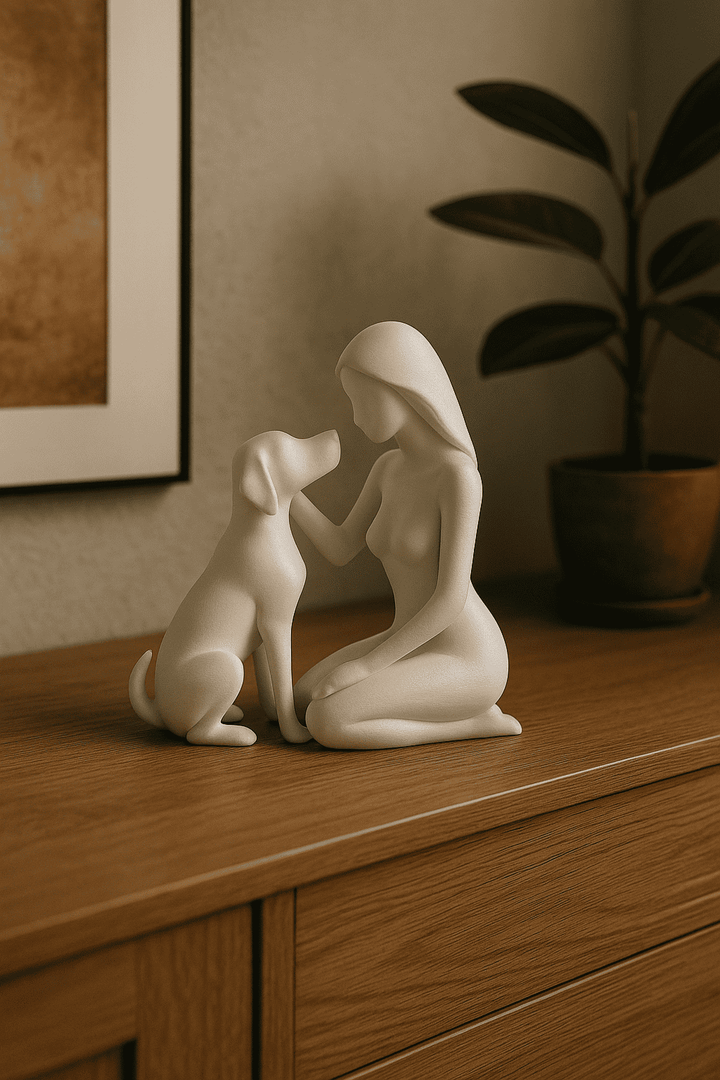 Vrouw met Hond Beeld – Honden Decoratie – PLA – Zwart/Wit/Bruin – 150 mm Hoog – Minimalistisch & Betekenisvol