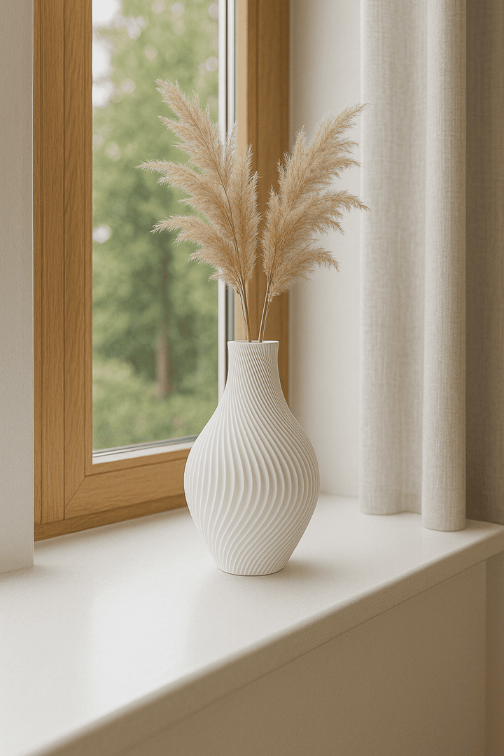 Siervaas Spiraal Chic – decoratieve droogbloemenvaas – PLA – zwart/wit/antraciet/zalmroze – spiraal ribbel design – 150 mm