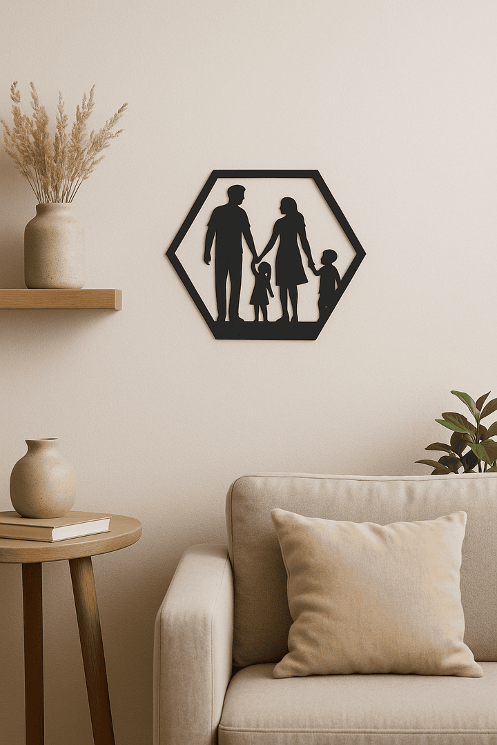 Wanddecoratie Familie – 2 Ouders & 2 Kinderen – Silhouet in Hexagon Frame – PLA – Zwart | Antraciet | Grijs | Wit – 175×151 mm