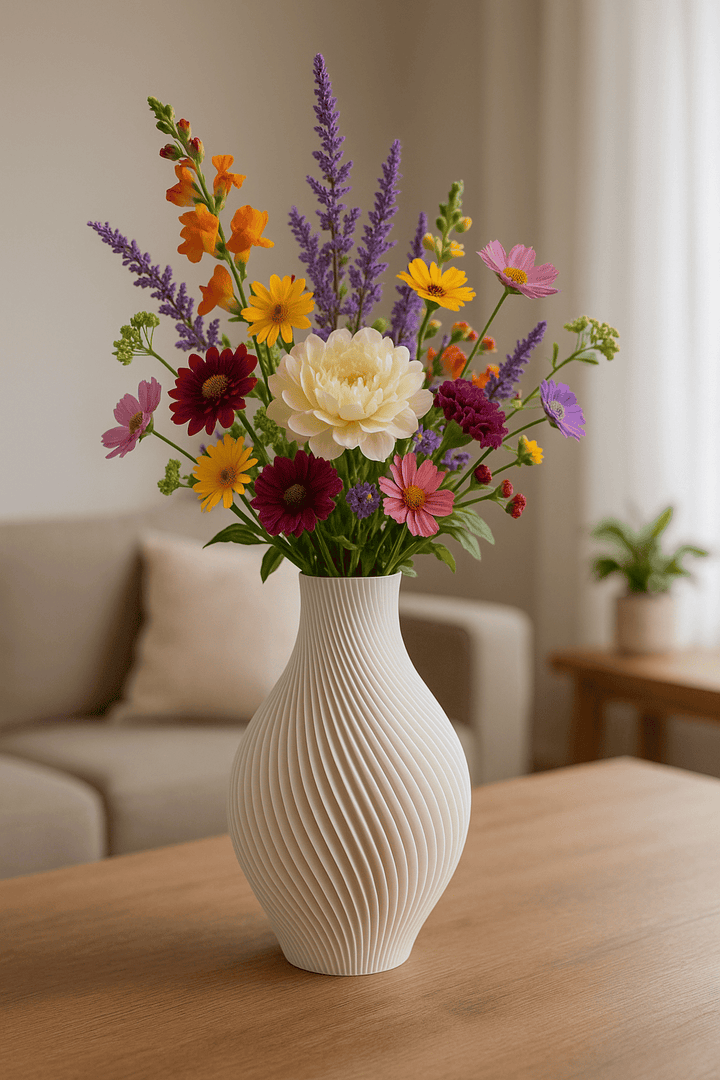 Siervaas Spiraal Chic – decoratieve droogbloemenvaas – PLA – zwart/wit/antraciet/zalmroze – spiraal ribbel design – 150 mm