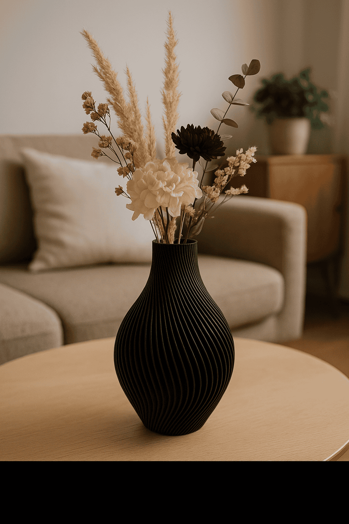 Siervaas Spiraal Chic – decoratieve droogbloemenvaas – PLA – zwart/wit/antraciet/zalmroze – spiraal ribbel design – 150 mm