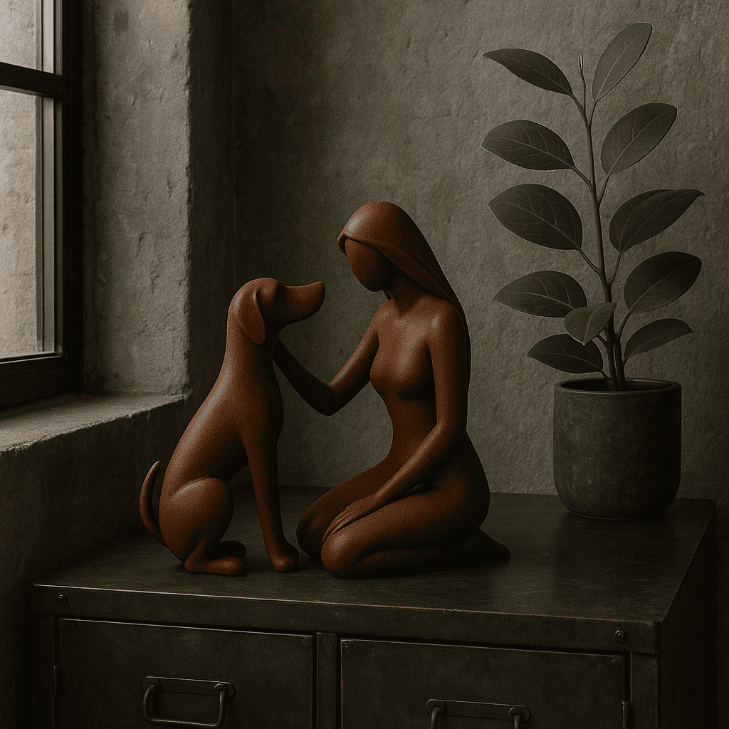 Vrouw met Hond Beeld – Honden Decoratie – PLA – Zwart/Wit/Bruin – 150 mm Hoog – Minimalistisch & Betekenisvol