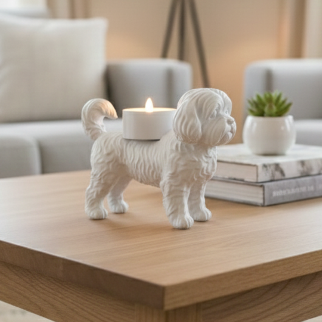Boomer Waxinelichthouder – Hond Beeldje in Zwart, Wit & Bruin | 3D-Geprint door Hunoba Creative