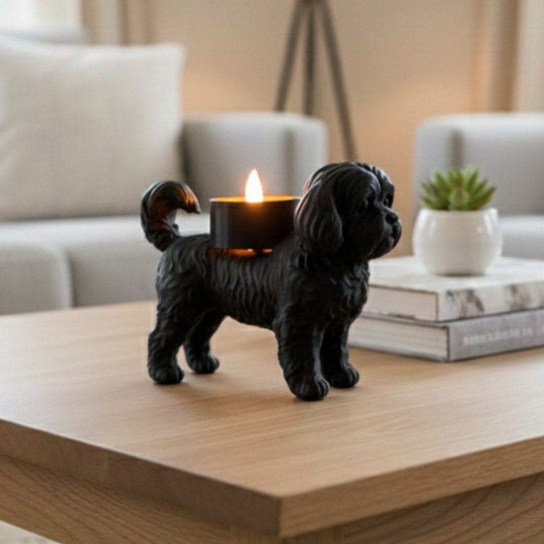Boomer Waxinelichthouder – Hond Beeldje in Zwart, Wit & Bruin | 3D-Geprint door Hunoba Creative