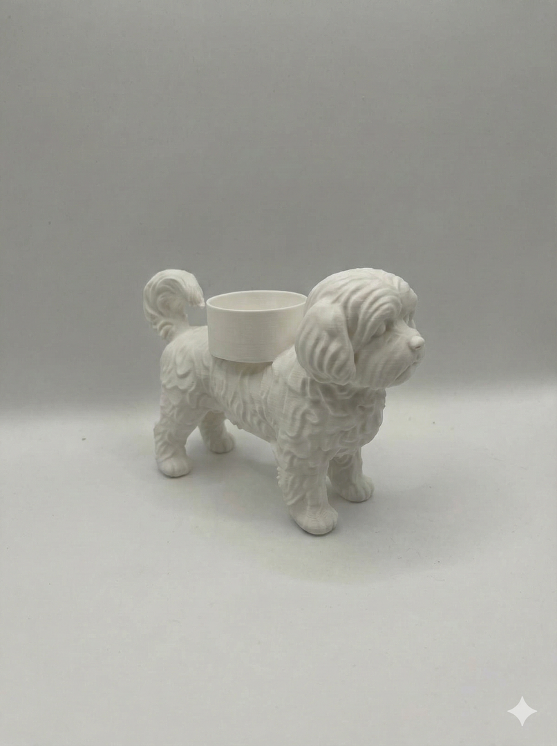 Boomer Waxinelichthouder – Hond Beeldje in Zwart, Wit & Bruin | 3D-Geprint door Hunoba Creative