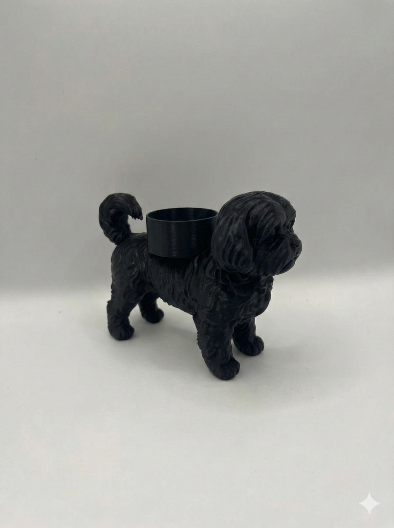 Boomer Waxinelichthouder – Hond Beeldje in Zwart, Wit & Bruin | 3D-Geprint door Hunoba Creative