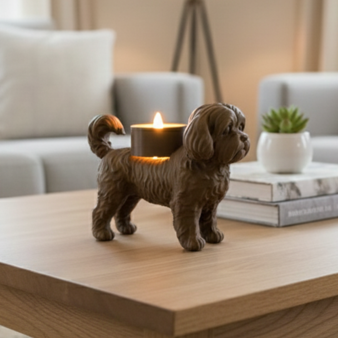 Boomer Waxinelichthouder – Hond Beeldje in Zwart, Wit & Bruin | 3D-Geprint door Hunoba Creative