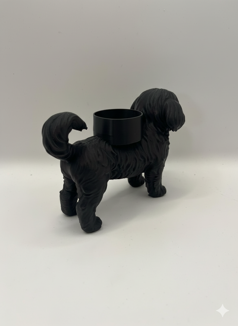 Boomer Waxinelichthouder – Hond Beeldje in Zwart, Wit & Bruin | 3D-Geprint door Hunoba Creative