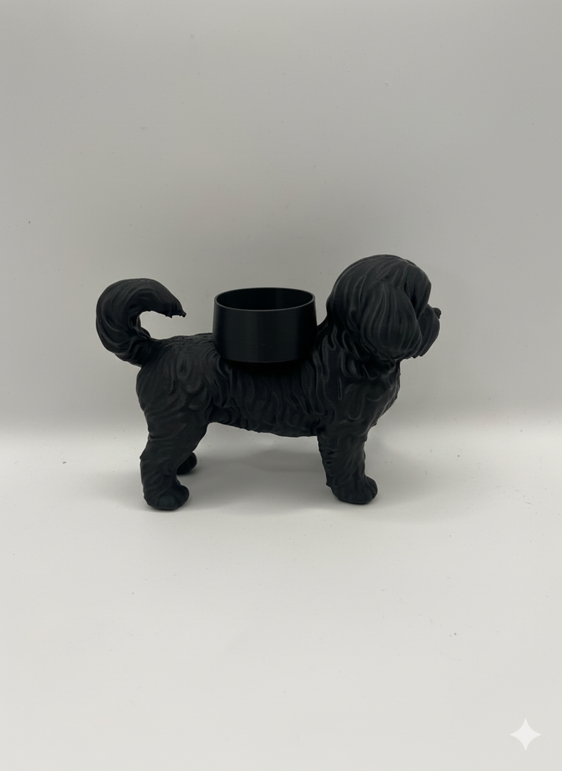 Boomer Waxinelichthouder – Hond Beeldje in Zwart, Wit & Bruin | 3D-Geprint door Hunoba Creative