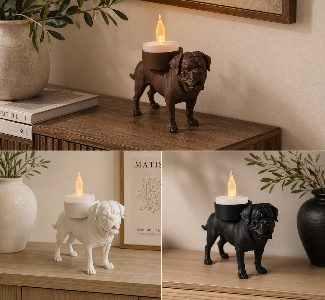 Drie Bordeauxdog waxinelichthouders op houten meubel als decoratieve woonaccessoires.