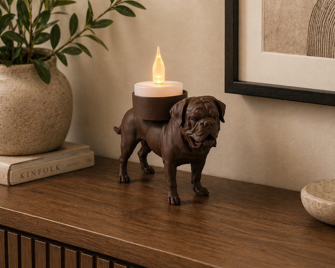 Bruine Bordeauxdog hond waxinelichthouder met brandend waxinelicht op houten kast in sfeervol interieur.