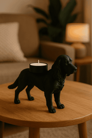 Zwarte waxinelichthouder hond met theelichtje in warme woonkamerstijl – waxinelichthouder hond