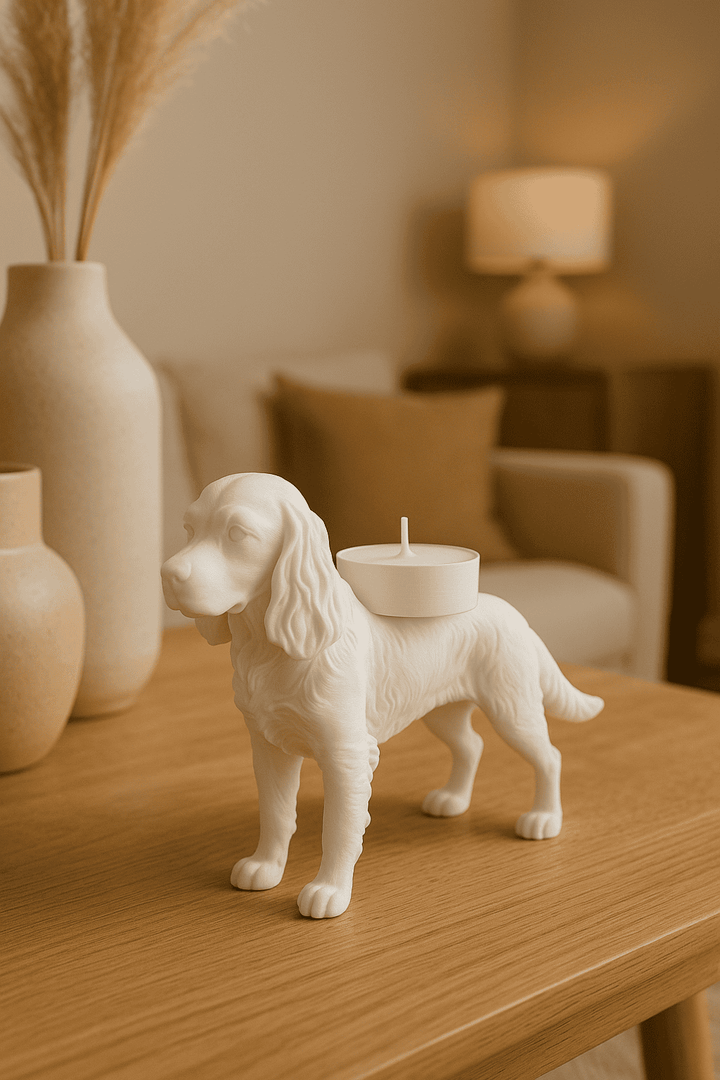 Waxinelichthouder hond in wit PLA met theelichtje in warme interieursetting – waxinelichthouder hond