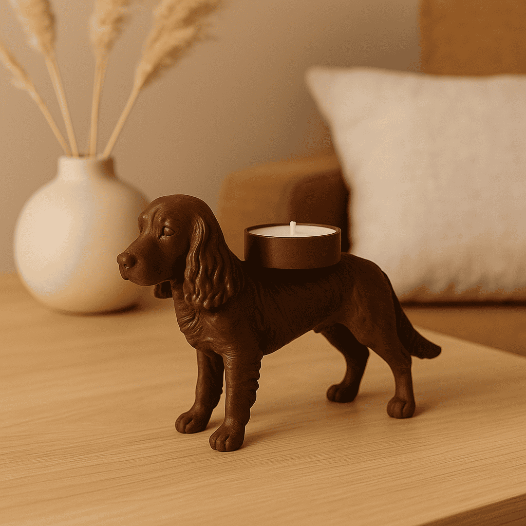 Bruine waxinelichthouder hond met theelichtje in aardse interieursetting – waxinelichthouder hond