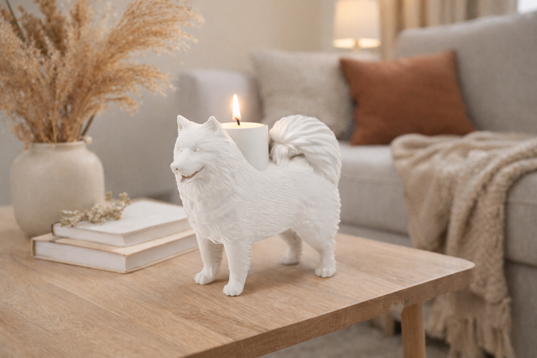 Samojeden-Teelichthalter | Stilvolle Hundefigur mit LED-Licht – 3D-gedruckt