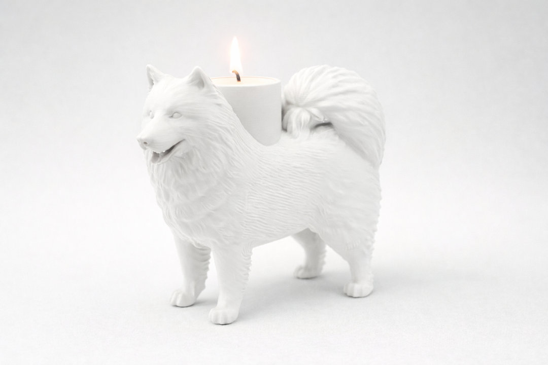 Samojeden-Teelichthalter | Stilvolle Hundefigur mit LED-Licht – 3D-gedruckt