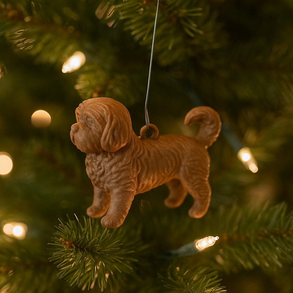 Boomer Hond Kerstboomhanger – 3D Geprint Ornament – Zwart, Wit, Brons of Bruin