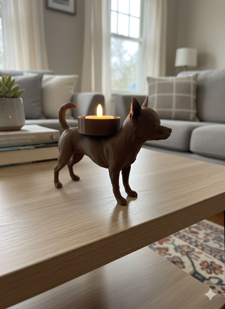 Chihuahua waxinelichthouder – 3D-geprint hondje in Zwart, Bruin of Wit – sfeervolle honden decoratie