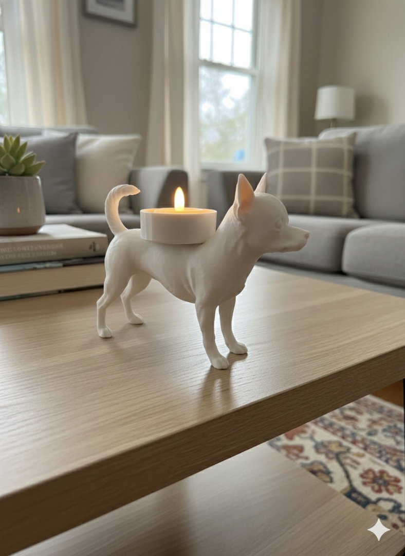 Chihuahua waxinelichthouder – 3D-geprint hondje in Zwart, Bruin of Wit – sfeervolle honden decoratie