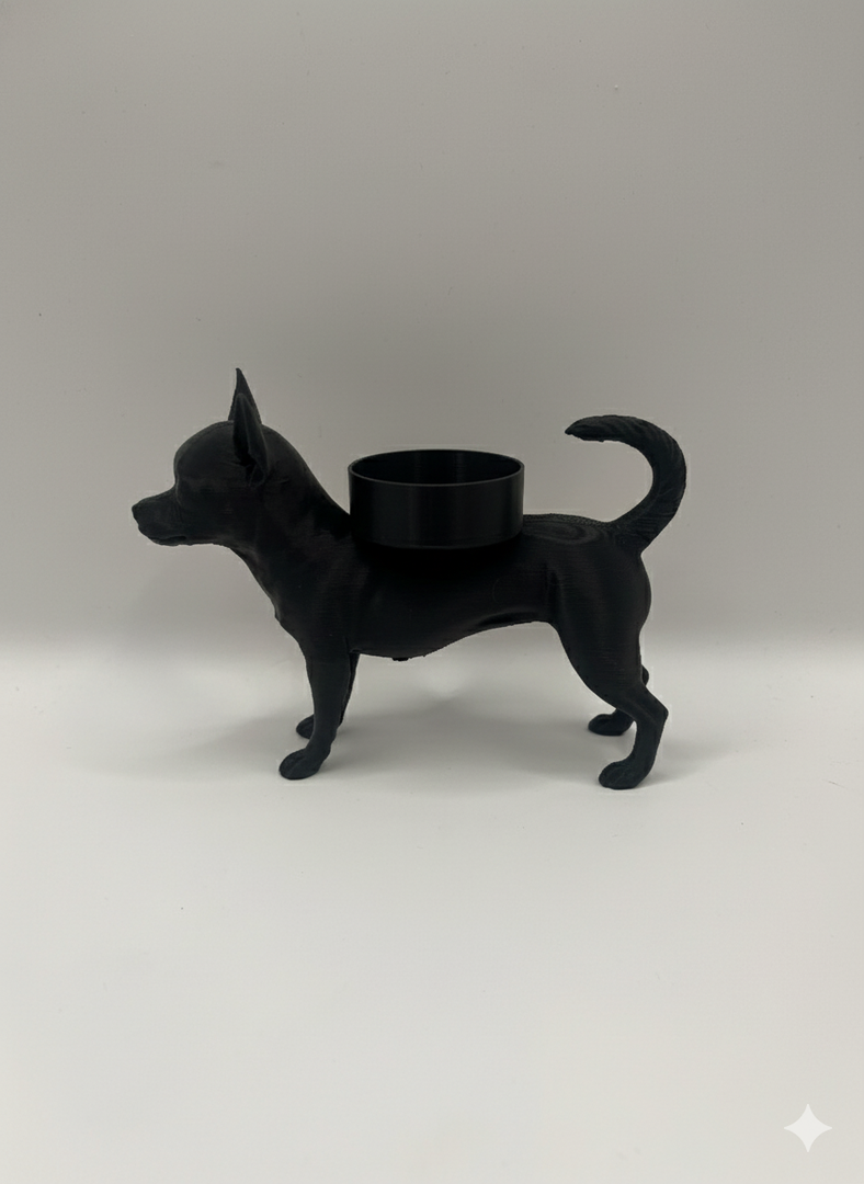 Chihuahua waxinelichthouder – 3D-geprint hondje in Zwart, Bruin of Wit – sfeervolle honden decoratie