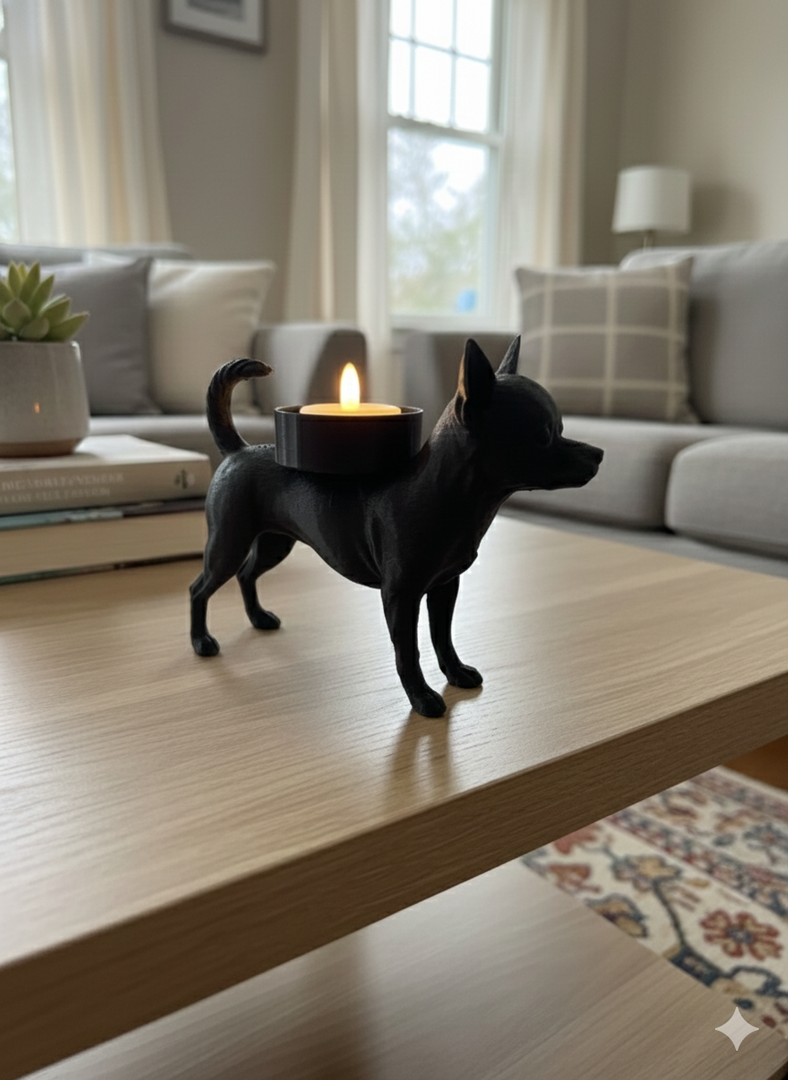 Chihuahua waxinelichthouder – 3D-geprint hondje in Zwart, Bruin of Wit – sfeervolle honden decoratie