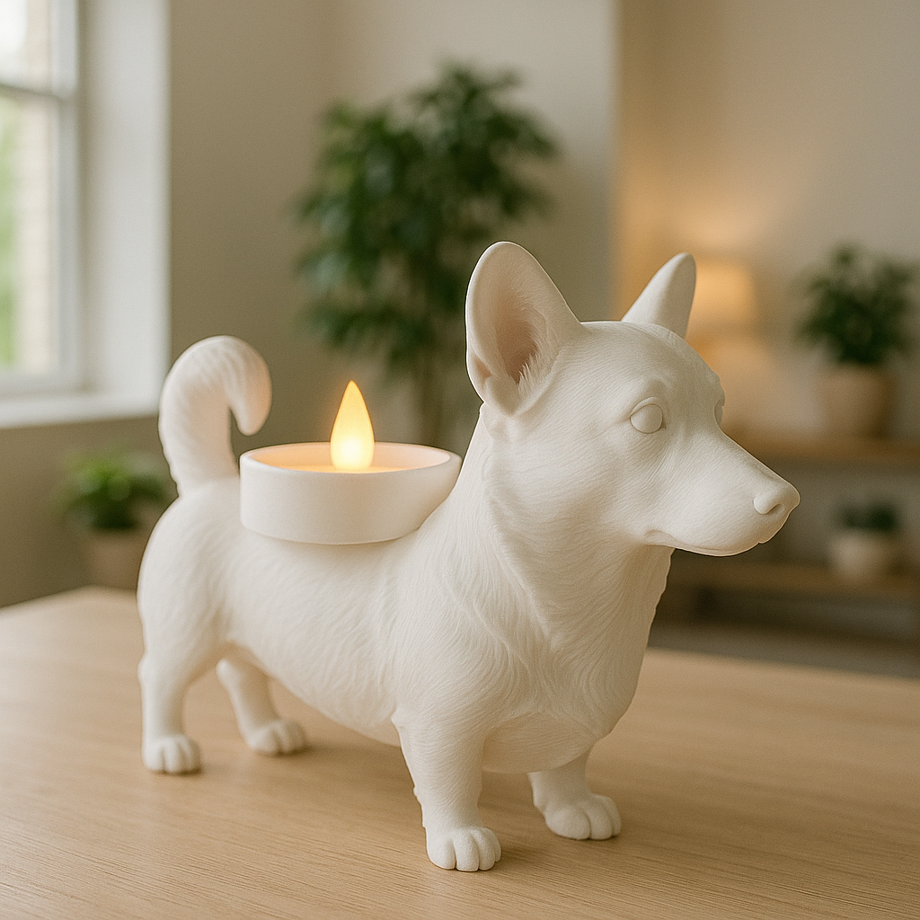 Waxinelichthouder Welsh Corgi – 3D-Geprint Hond Beeldje – Zwart | Wit | Bruin