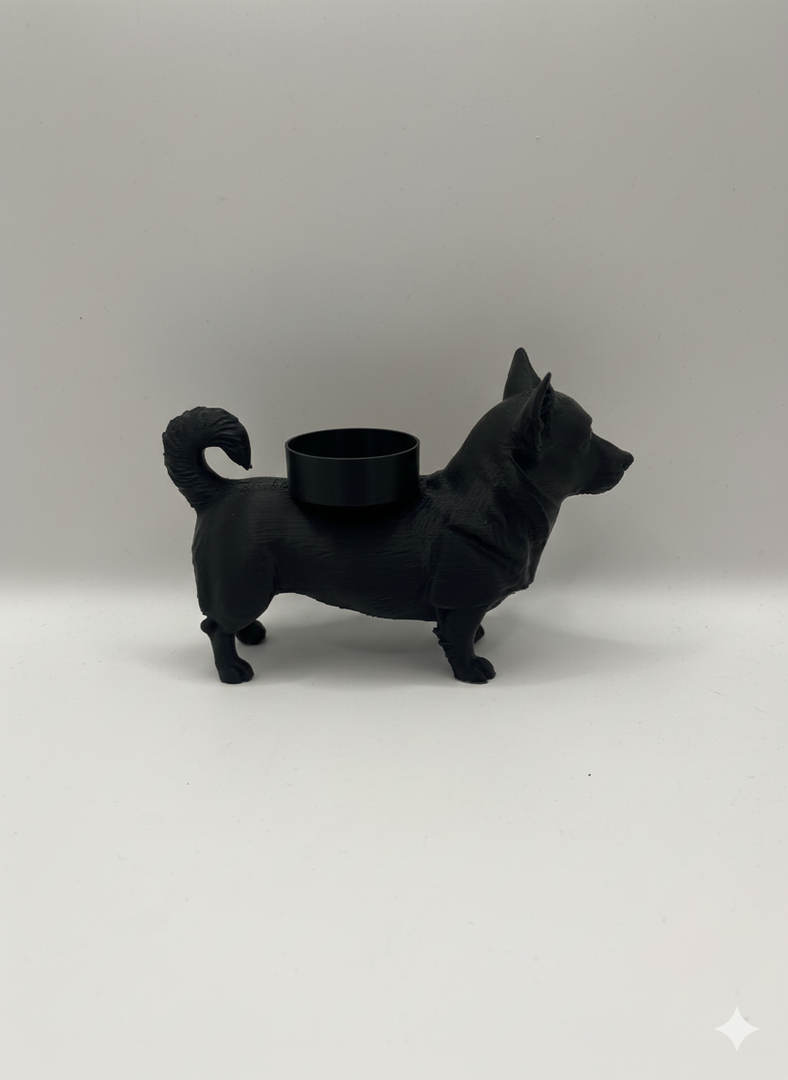 Waxinelichthouder Welsh Corgi – 3D-Geprint Hond Beeldje – Zwart | Wit | Bruin