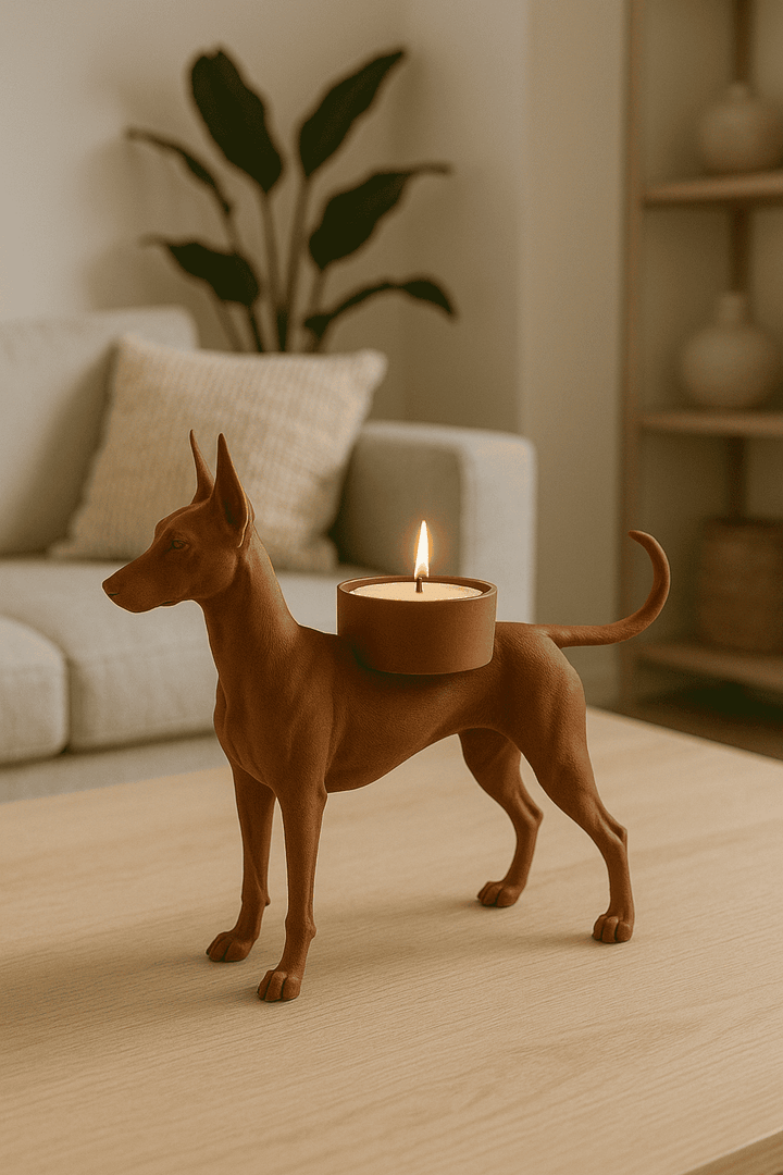 Dobermann Waxinelichthouder – Unieke 3D Geprinte Kaarsenhouder | Zwart, Wit & Bruin