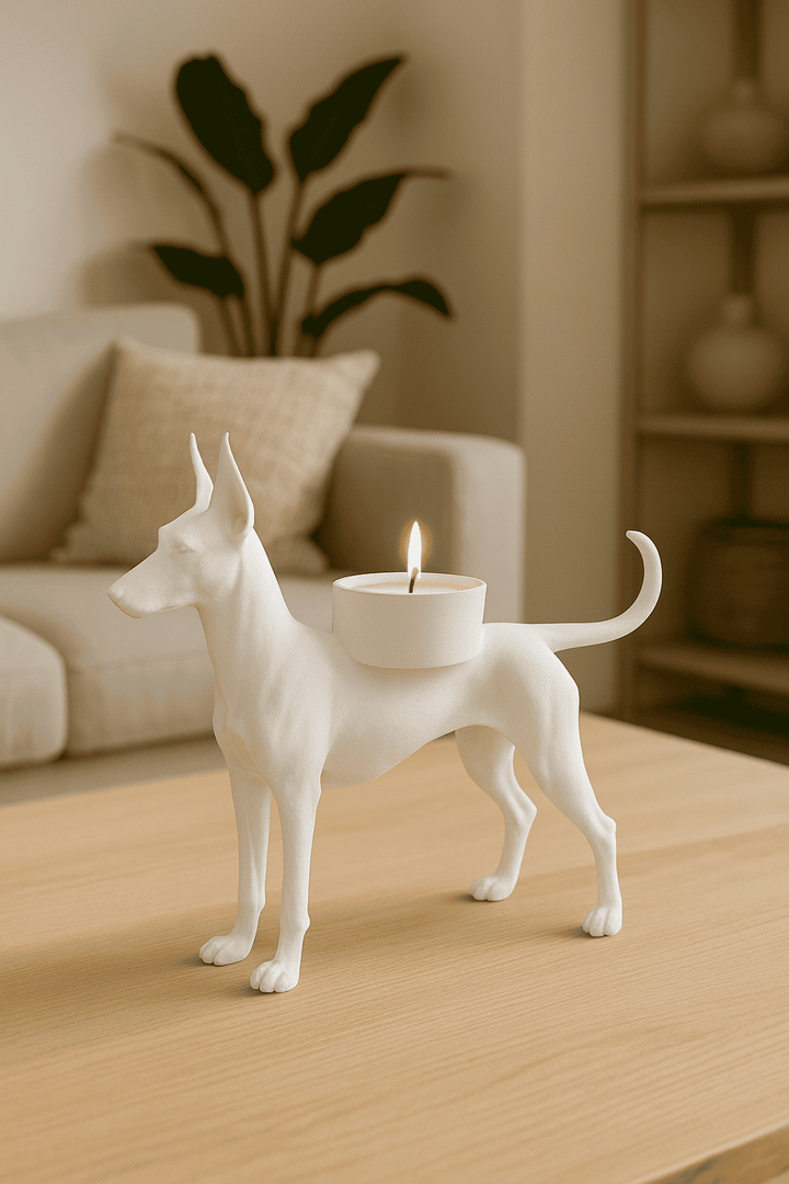 Dobermann Waxinelichthouder – Unieke 3D Geprinte Kaarsenhouder | Zwart, Wit & Bruin