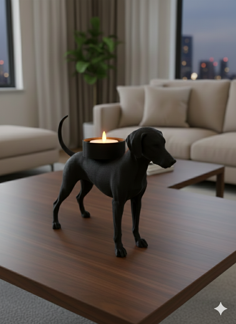 Dobermann waxinelichthouder – normale oren & lange staart – 3D-geprint in Zwart, Bruin of Wit