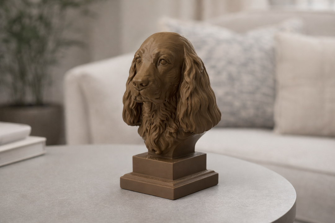 Engelse Cocker Spaniel Hondenbeeld op Sokkel – 3D Geprint – 15 cm – Wit / Zwart / Bruin