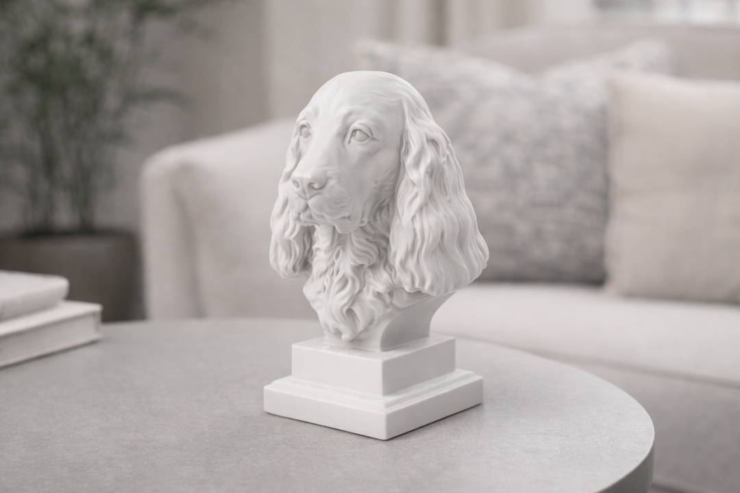 Engelse Cocker Spaniel Hondenbeeld op Sokkel – 3D Geprint – 15 cm – Wit / Zwart / Bruin