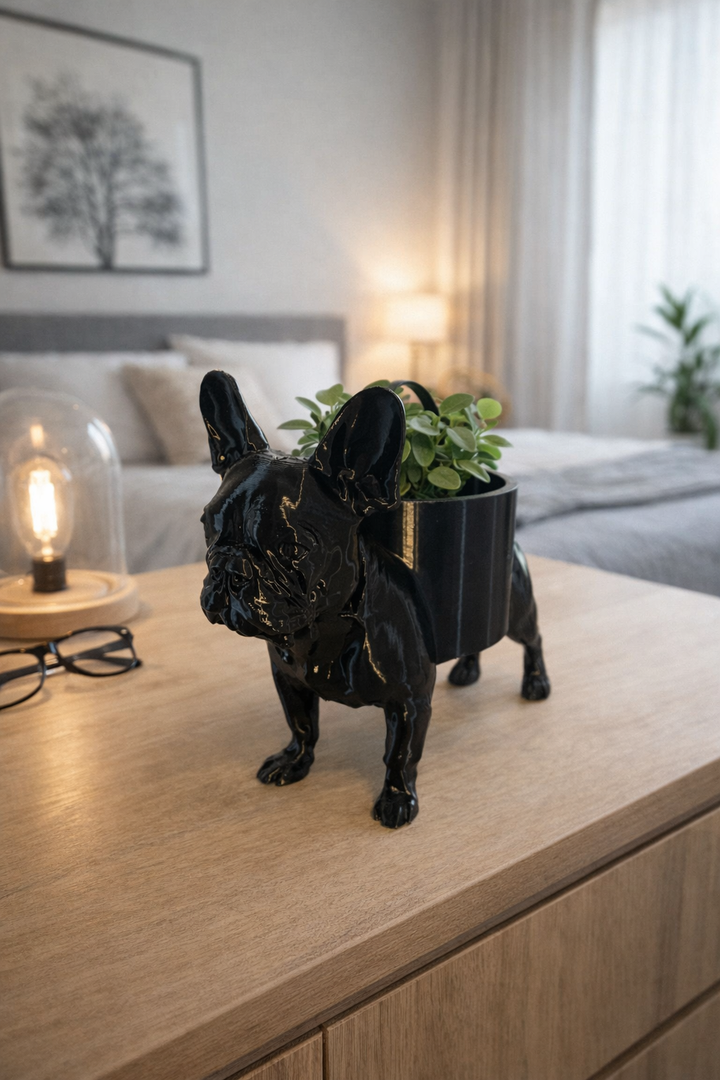 Zwarte Franse Bulldog bloempot van Hunoba Creative met plant op houten dressoir in moderne slaapkamer setting