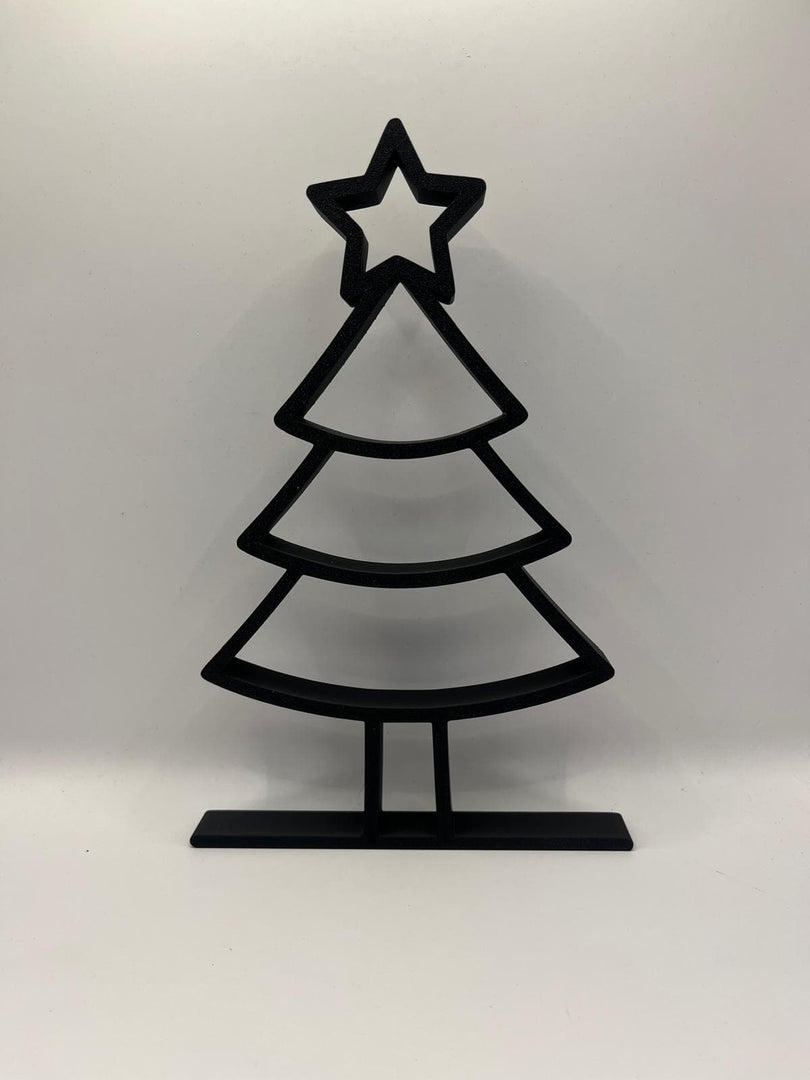 Zwarte minimalistische kerstboom staande decoratie met ster, weergegeven tegen een lichte achtergrond.