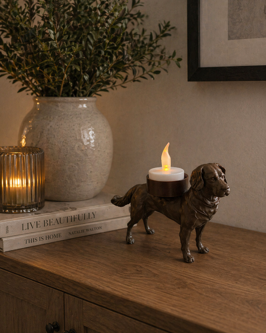 Bruine Grote Münsterländer hond waxinelichthouder met led-waxinelichtje op een houten kastje langs de muur in gezellige huiselijke omgeving met boeken en decoratie.
