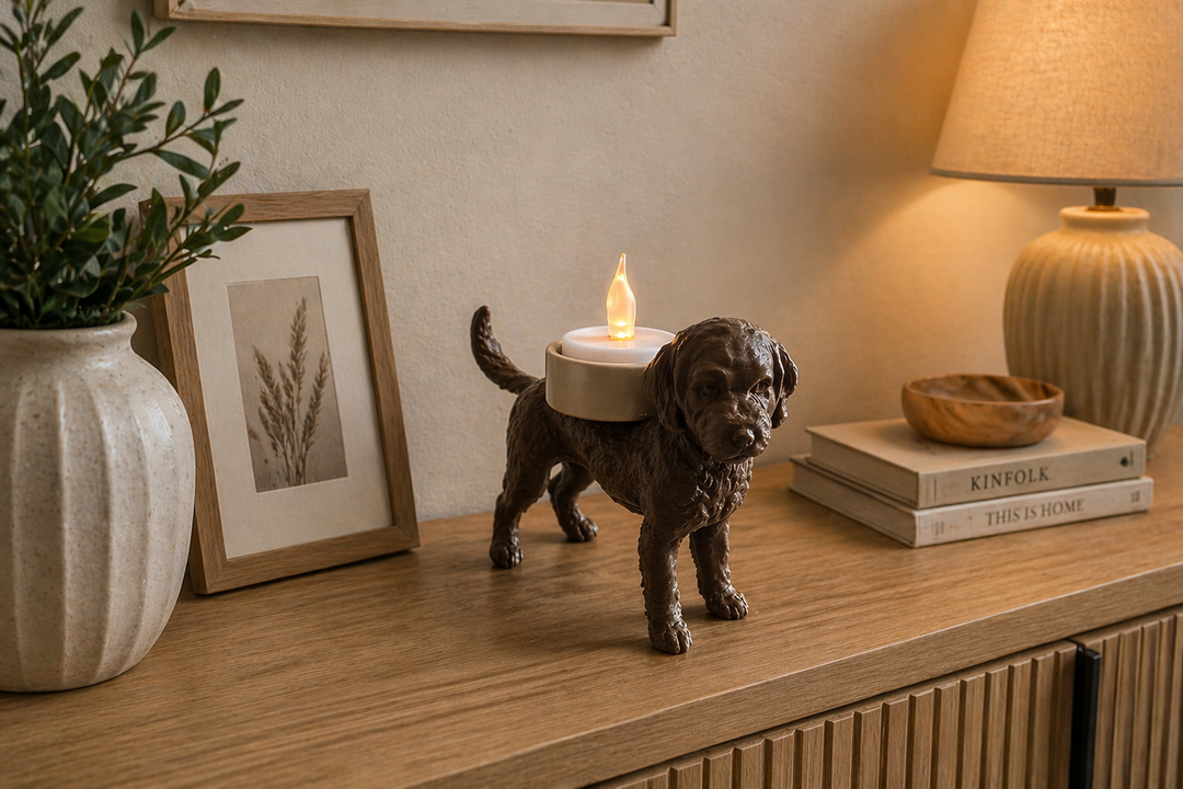 Bruine Italiaanse Waterhond Lagotto Romagnolo waxinelichthouder met brandend LED-waxinelichtje op kastje in warm en modern interieur.