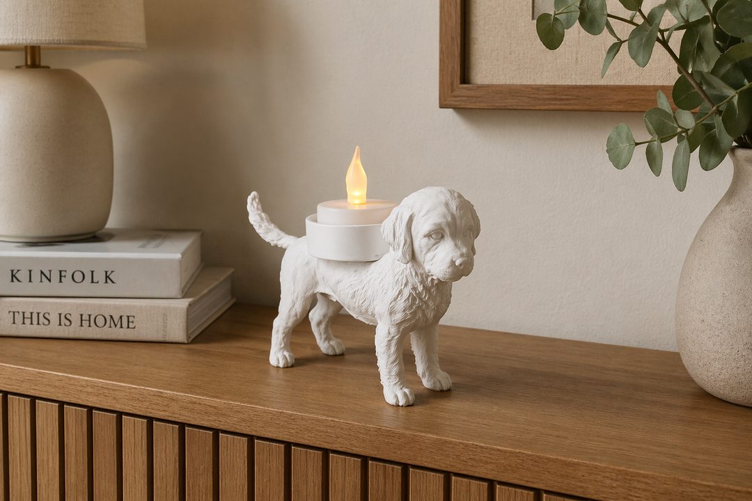 Witte Italiaanse Waterhond Lagotto Romagnolo waxinelichthouder met LED-waxinelichtje op houten kastje in sfeervolle woonruimte.