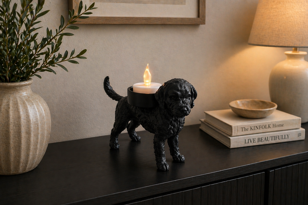 Zwarte Italiaanse Waterhond Lagotto Romagnolo waxinelichthouder met brandend LED-waxinelichtje op een zwart dressoir in warme huiselijke woonkamer.