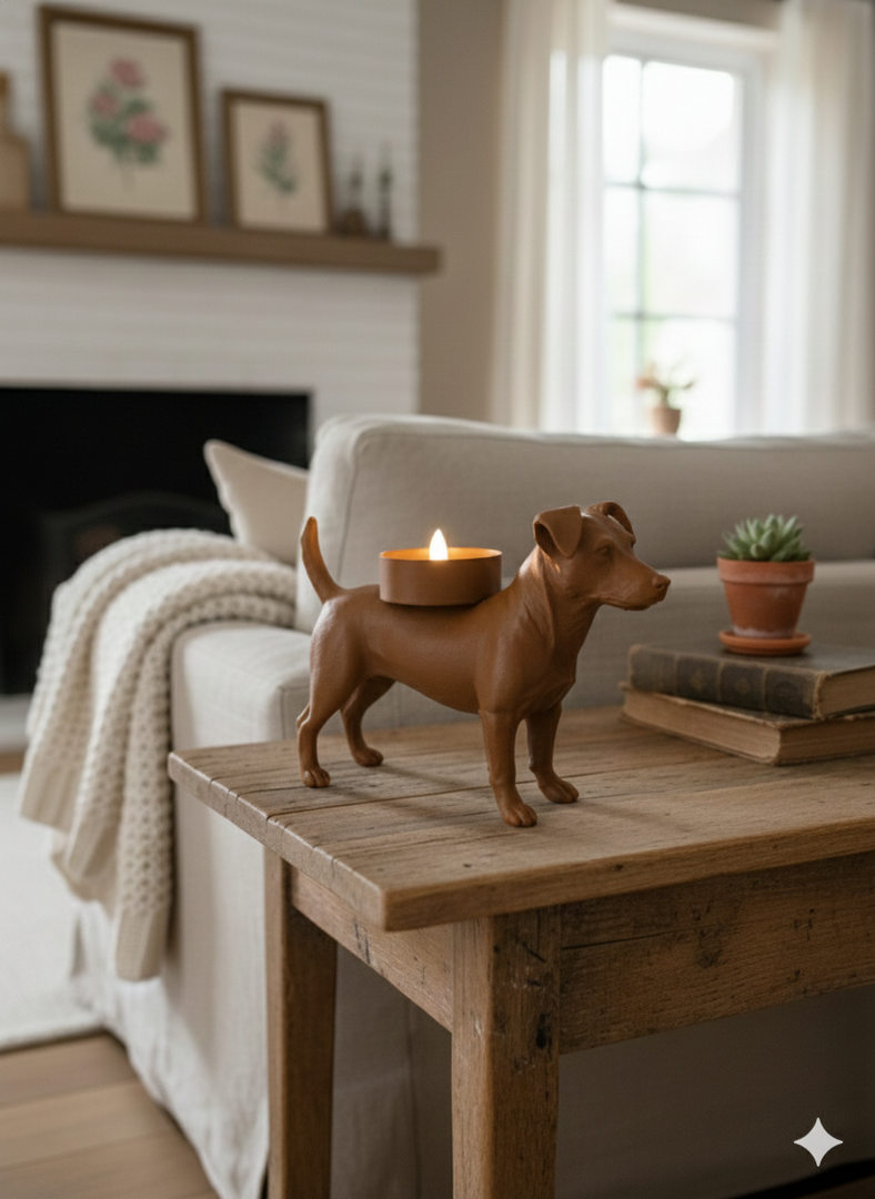 Jack Russell waxinelichthouder – 3D-geprint hondje in Zwart, Bruin of Wit – sfeervolle honden decoratie