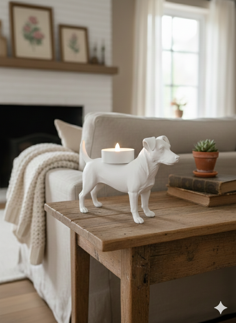 Jack Russell waxinelichthouder – 3D-geprint hondje in Zwart, Bruin of Wit – sfeervolle honden decoratie